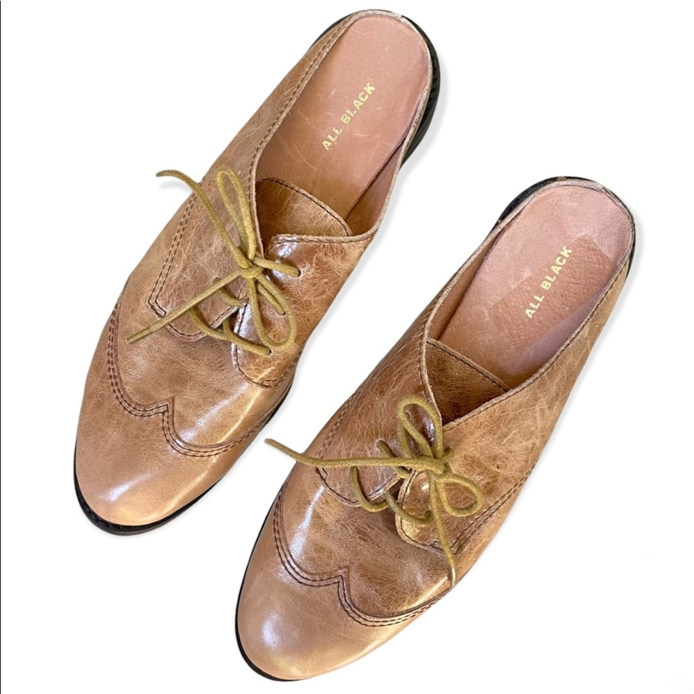 All Black Brown Lace Up Slip On Wingtip Loafer Mules
